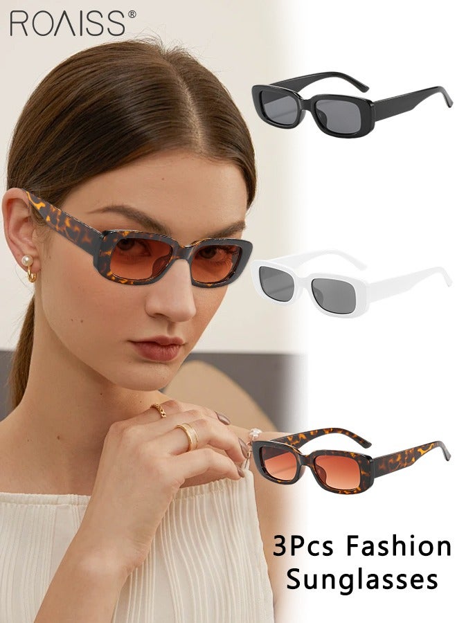 رويس 3 قطع نظارات شمسية مستطيلة للنساء، نظارات شمسية للحماية من الأشعة فوق البنفسجية 400، نظارات زخرفية عصرية لحفلات الهواء الطلق والتصوير الفوتوغرافي في الشوارع، بنمط أسود وأبيض ونقشة جلد النمر - Image 1