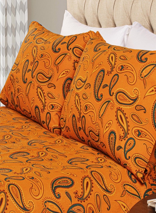 Superior Flannel Brushed Cotton Paisley Bed Sheet Set, Soft, Warm Bedding, Bohemian Floral Sheets, Bedroom Decor, 1 Flat Sheet, 1 Elastic Deep Pocket Fitted Sheet, 2 Pillowcases, Queen, Pumpkin - Image 1