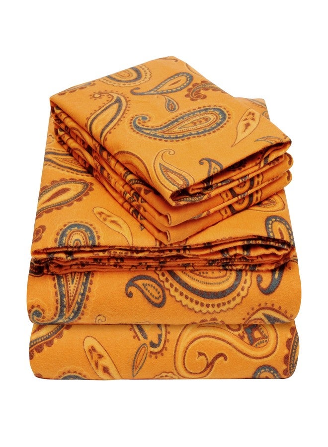 Superior Flannel Brushed Cotton Paisley Bed Sheet Set, Soft, Warm Bedding, Bohemian Floral Sheets, Bedroom Decor, 1 Flat Sheet, 1 Elastic Deep Pocket Fitted Sheet, 2 Pillowcases, Queen, Pumpkin - Image 2
