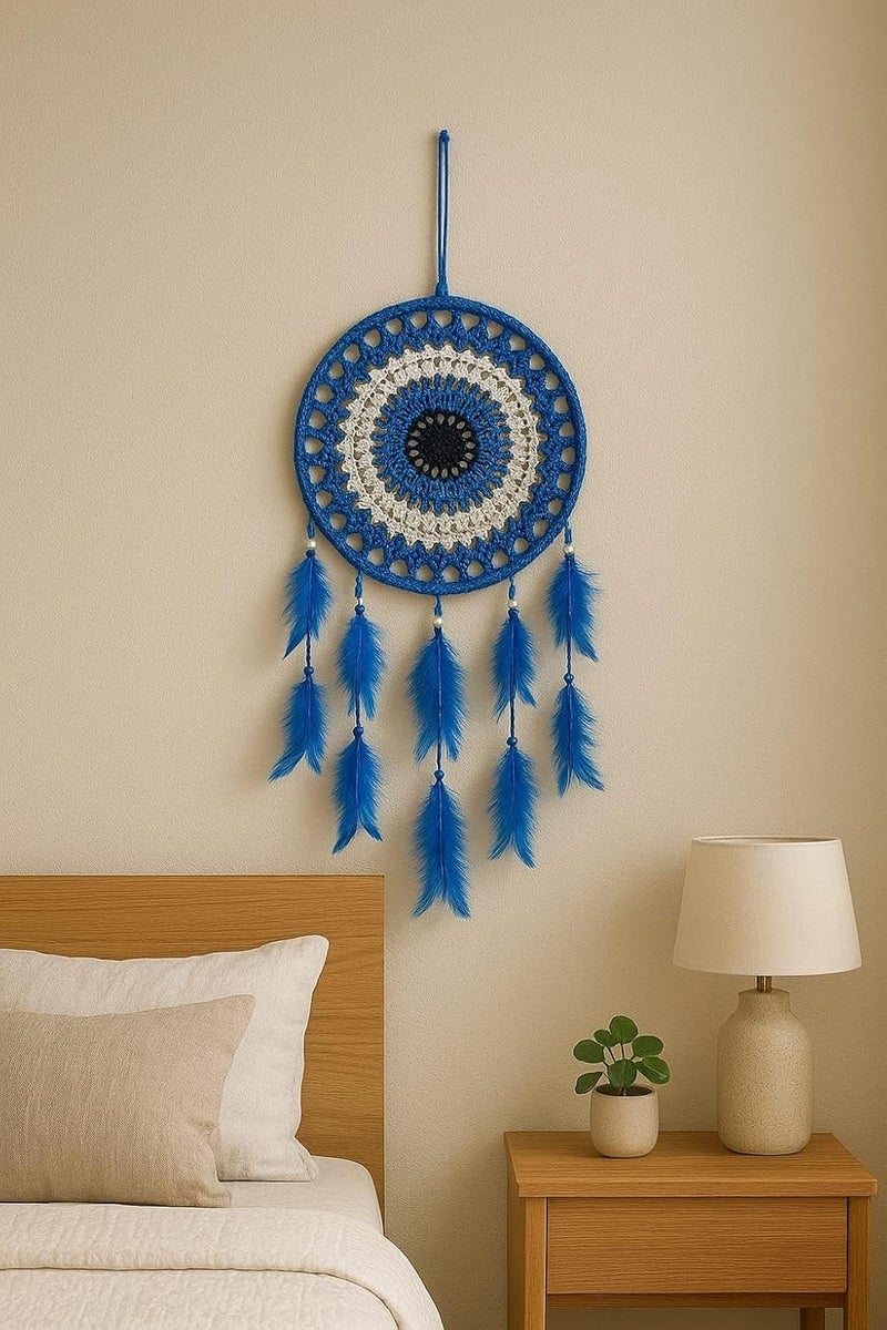 ThincAmaxe Handmade Macrame Dream Catcher Wall Hanging – 8 Inch Width, Round Crochet Design with Feathers & Beads – Boho Wall Decor for Bedroom, Living Room, Nursery, Office (Blue) - Image 1