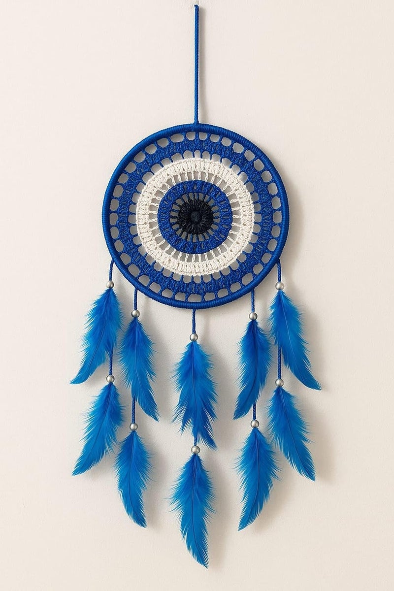 ThincAmaxe Handmade Macrame Dream Catcher Wall Hanging – 8 Inch Width, Round Crochet Design with Feathers & Beads – Boho Wall Decor for Bedroom, Living Room, Nursery, Office (Blue) - Image 2