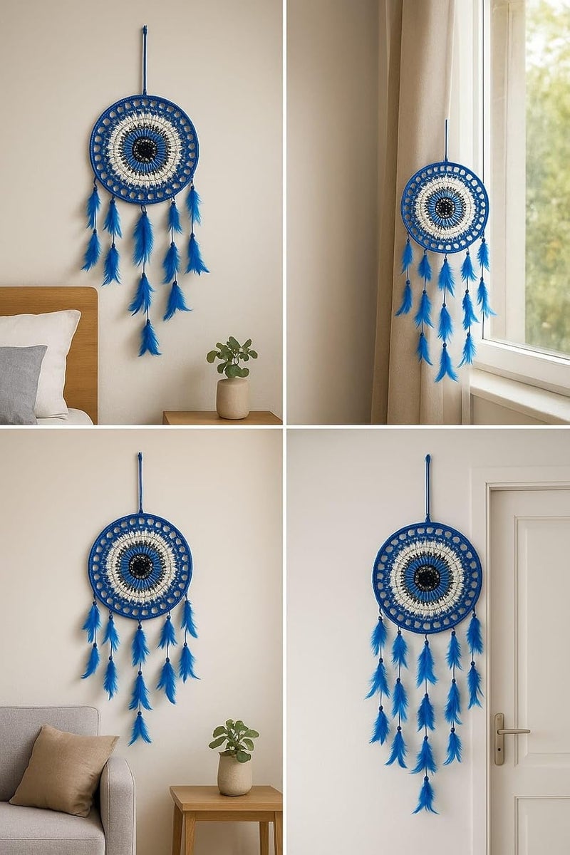 ThincAmaxe Handmade Macrame Dream Catcher Wall Hanging – 8 Inch Width, Round Crochet Design with Feathers & Beads – Boho Wall Decor for Bedroom, Living Room, Nursery, Office (Blue) - Image 4