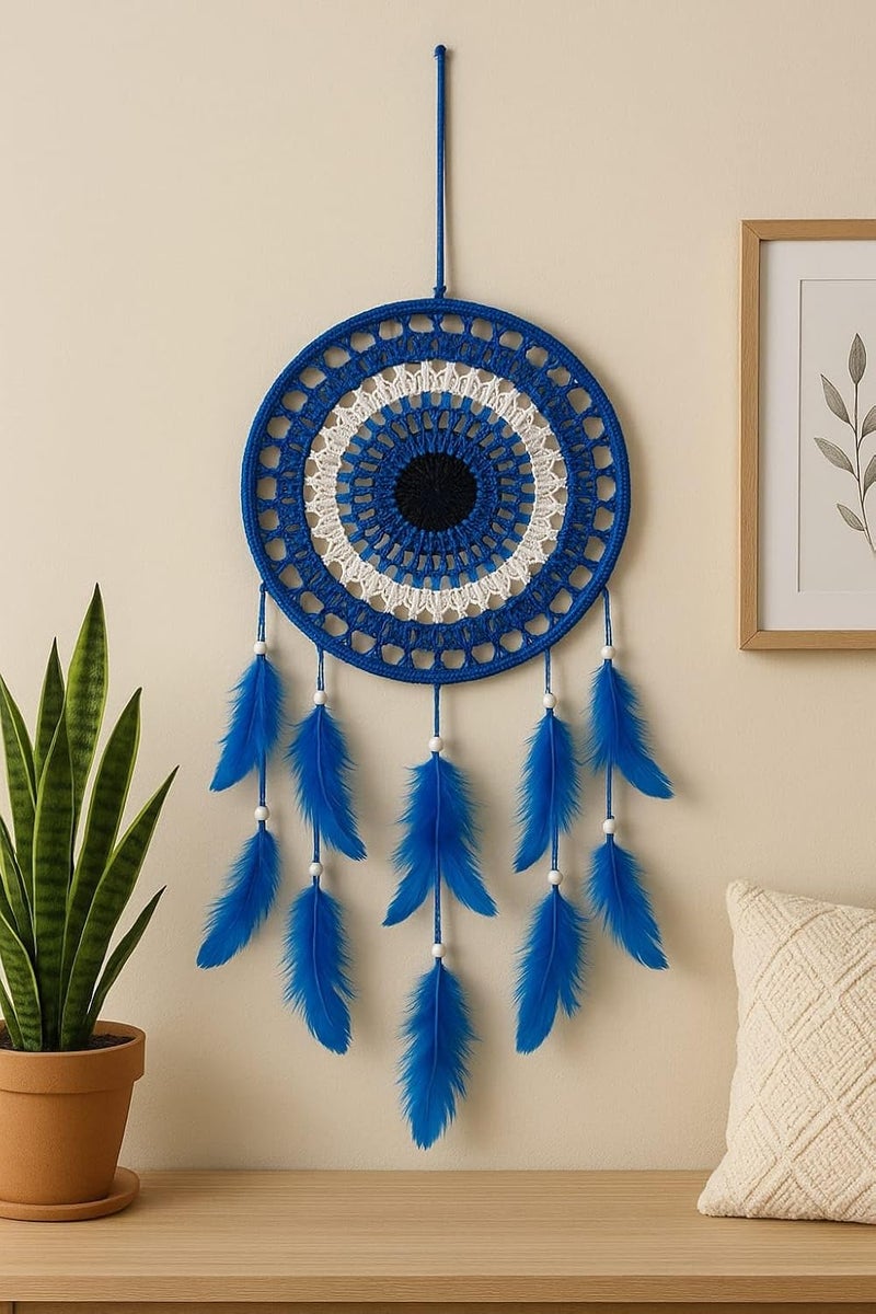 ThincAmaxe Handmade Macrame Dream Catcher Wall Hanging – 8 Inch Width, Round Crochet Design with Feathers & Beads – Boho Wall Decor for Bedroom, Living Room, Nursery, Office (Blue) - Image 3