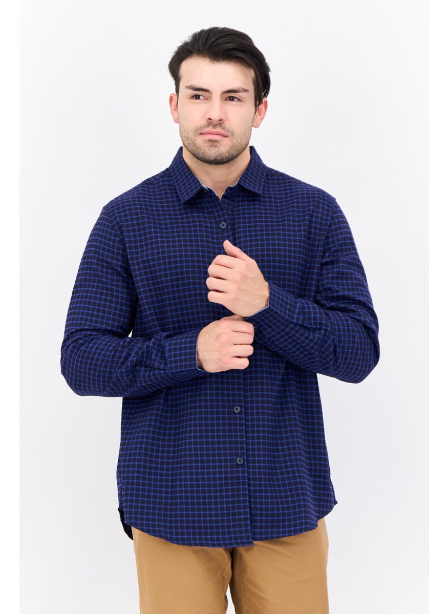 Thomas Men Regular Fit Long Sleeves Plaid Casual Shirt, Navy  - Image 1