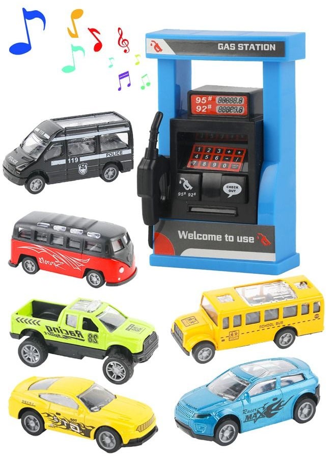 Gas Station Toy with 6 Piece Alloy Pull Back Car Driver Pretend Play Toys with Light and Music Educational Gift Toy for Kids