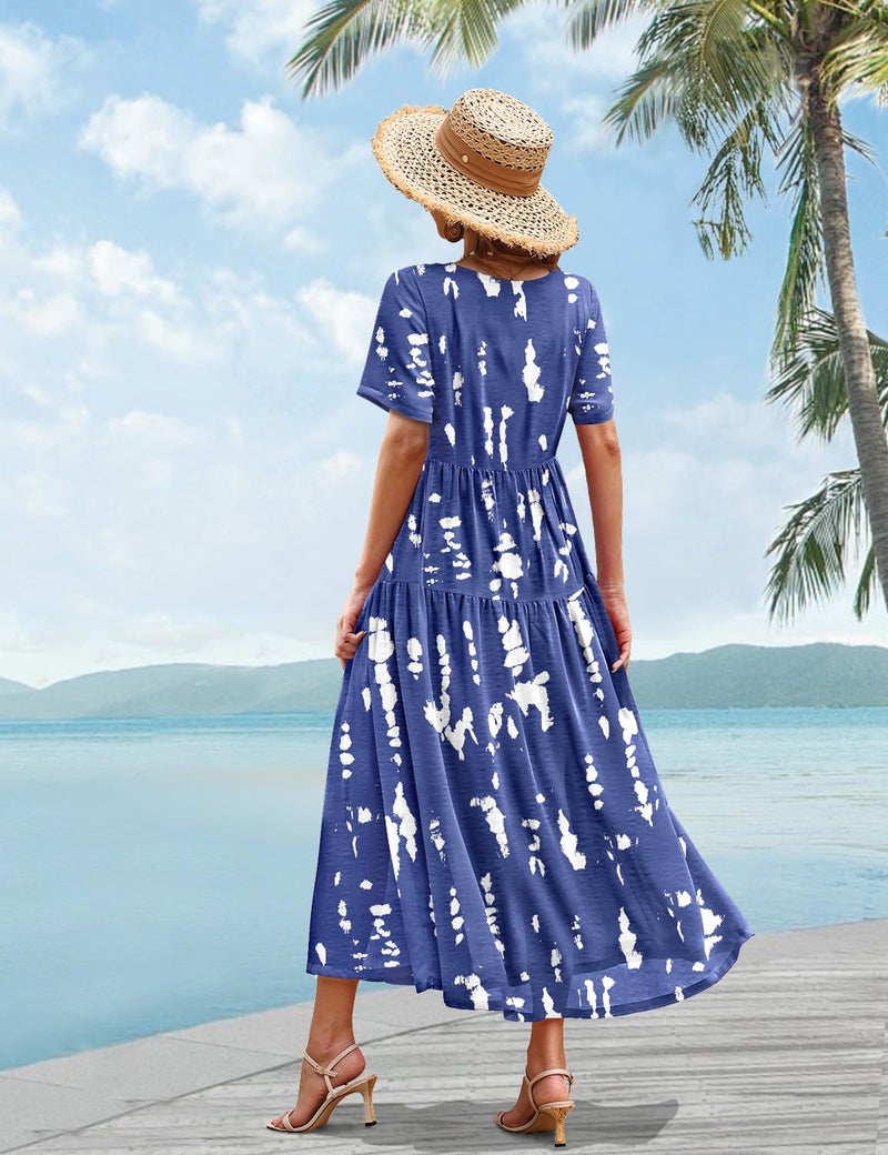 YESNO Women Casual Loose Bohemian Floral Dress with Pockets Short Sleeve Long Maxi Summer Beach Swing Dress XL EJF CR147 - Image 4