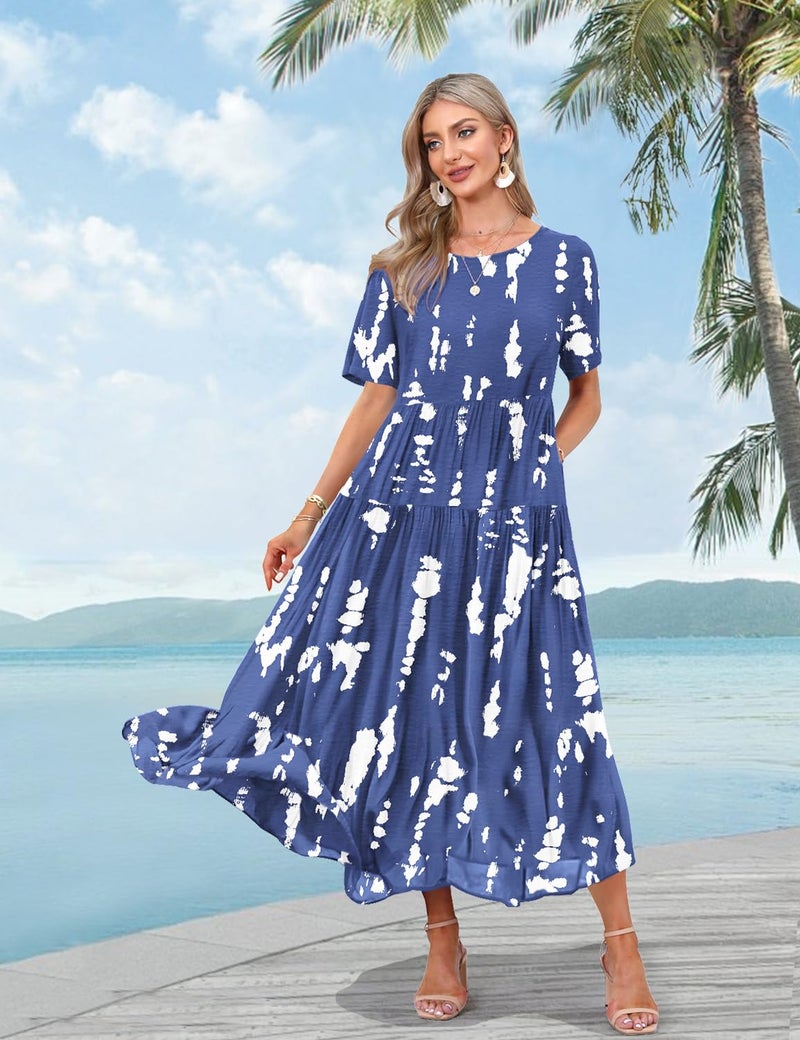YESNO Women Casual Loose Bohemian Floral Dress with Pockets Short Sleeve Long Maxi Summer Beach Swing Dress XL EJF CR147 - Image 3