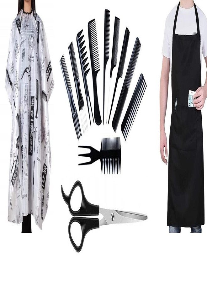 Utkarsh Combo Of Neck Bib Ties With Pocket With Black Hair Cutting Sheet Hairdressing And Professional Hair Styling Combs And Scissors Tools Set - Image 2