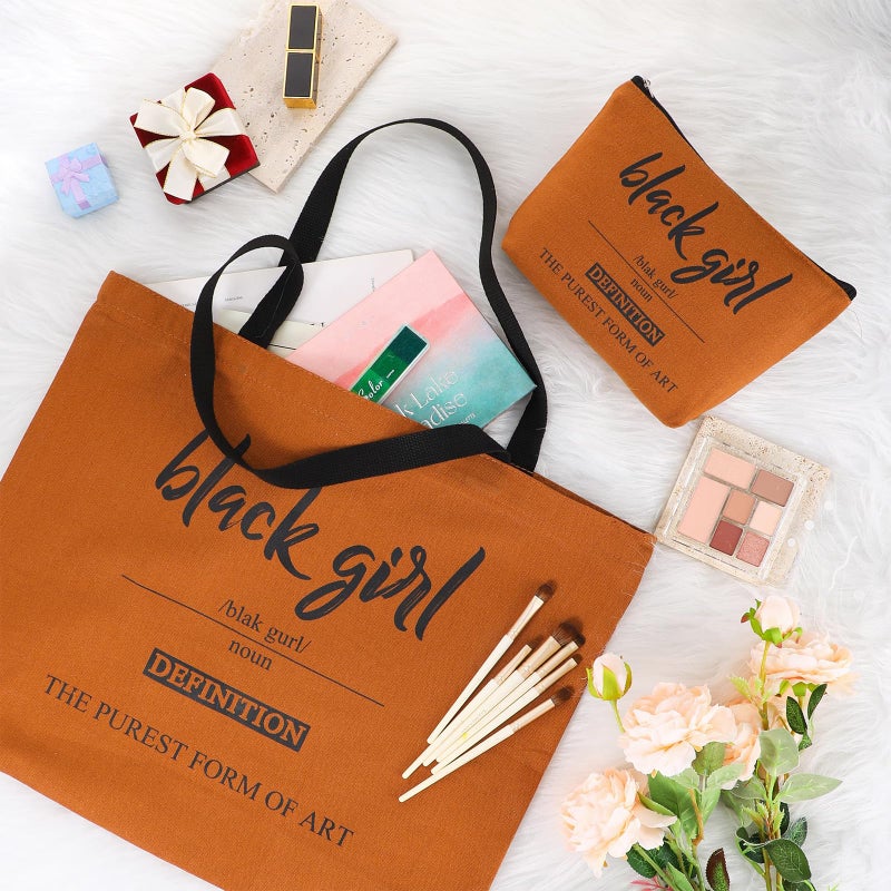Coume 2 Pcs Black Girl Definition Canvas Tote Bags Black History Month Gift Brown Makeup Bag Set The Purest Form of Art Blk with Zipper for Women Shopping Travel Trip Toiletry Juneteenth - Image 3