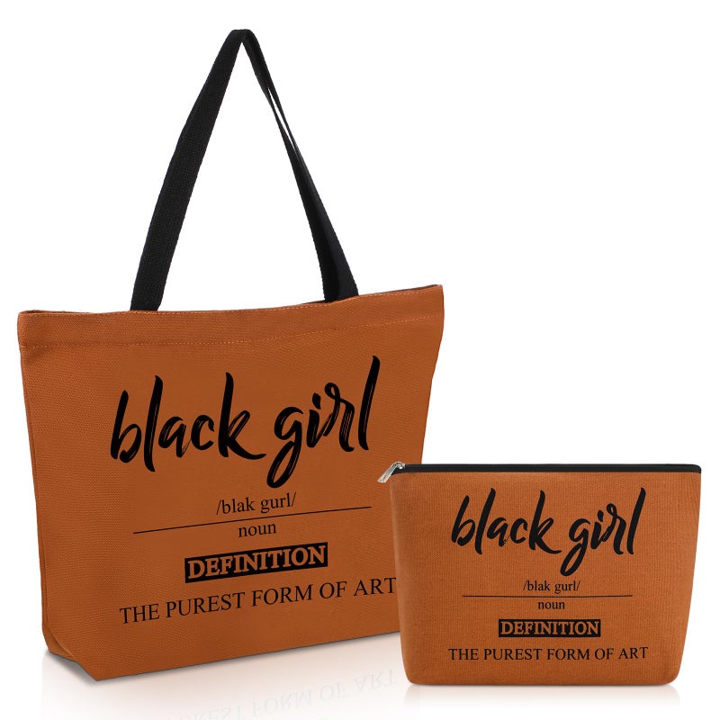 Coume 2 Pcs Black Girl Definition Canvas Tote Bags Black History Month Gift Brown Makeup Bag Set The Purest Form of Art Blk with Zipper for Women Shopping Travel Trip Toiletry Juneteenth - Image 1