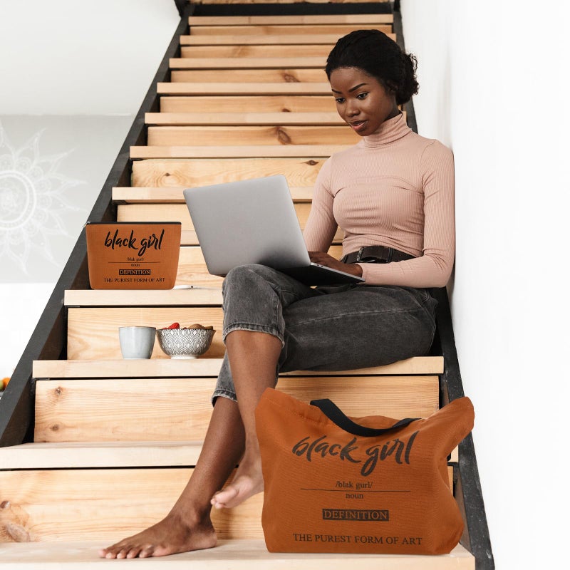 Coume 2 Pcs Black Girl Definition Canvas Tote Bags Black History Month Gift Brown Makeup Bag Set The Purest Form of Art Blk with Zipper for Women Shopping Travel Trip Toiletry Juneteenth - Image 2