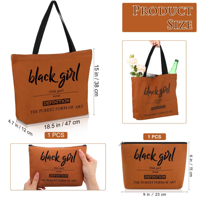 Coume 2 Pcs Black Girl Definition Canvas Tote Bags Black History Month Gift Brown Makeup Bag Set The Purest Form of Art Blk with Zipper for Women Shopping Travel Trip Toiletry Juneteenth - Image 4