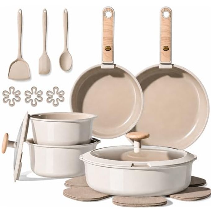 CAROTE Nonstick Pots and Pans Set, Cookware Set Detachable Handle, 19 Pcs Induction Kitchen Cookware Sets Non Stick with Removable Handle, RV Cookware Set, Oven Safe, Elegant White, Mothers Day Gifts