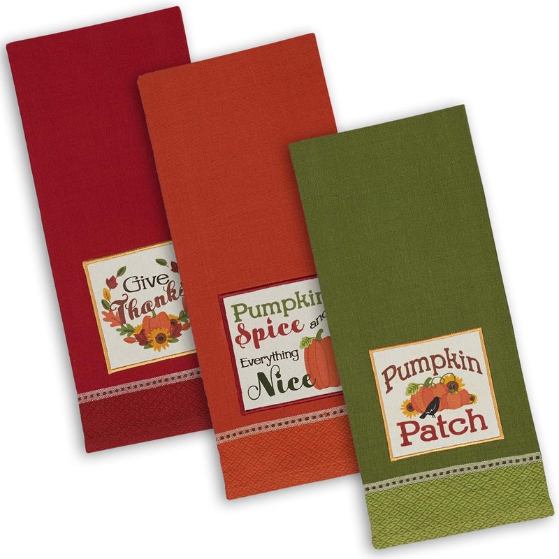 DII Thanksgiving Fall Kitchen Towels Collection Decorative Embellished Dish Towel Set 18x28 Country Pumpkin 3 Count