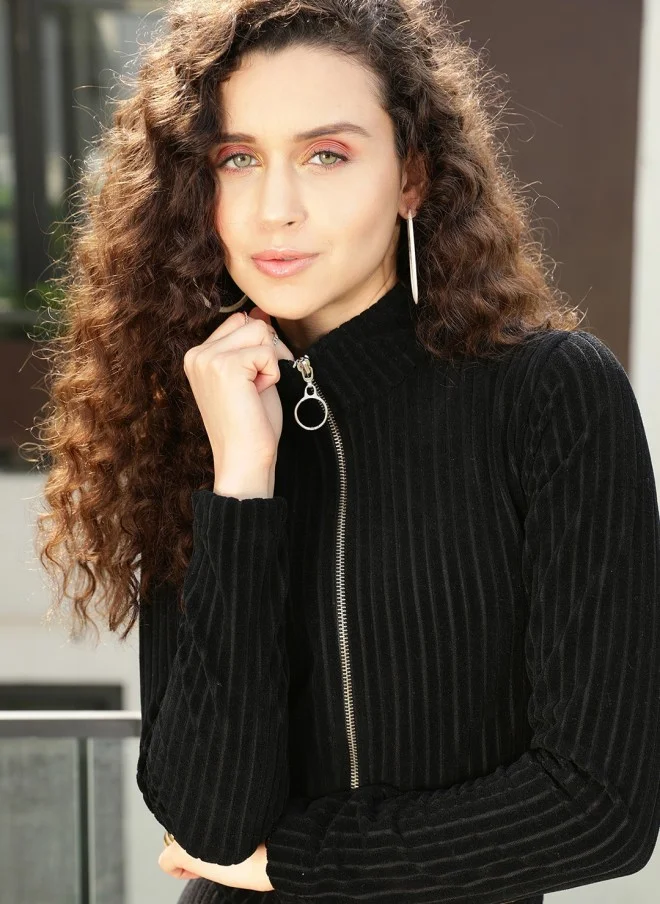 STREET 9 Black Self Striped Crop Sweatshirt for Women