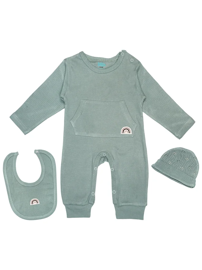 بابيز_بيسك Babies Basic Premium Ribbed Cotton Sleepsuit Romper with Cap and Bib