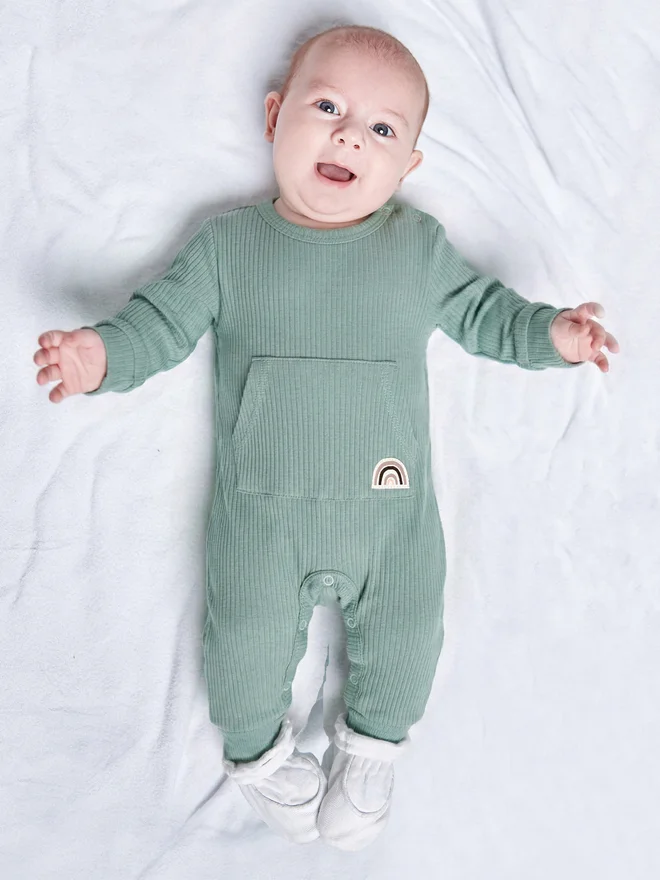 بابيز_بيسك Babies Basic Premium Ribbed Cotton Sleepsuit Romper with Cap and Bib