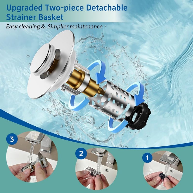 Sello Universal Bathroom Sink Stopper and Drain Strainer, Sink Plug for 1.1”~2.36” Drain Hole, Upgraded Pop Up Sink Drain Stopper with Detachable Hair Catcher Filter Basket, Brass Bounce Core (Chrome) - Image 3