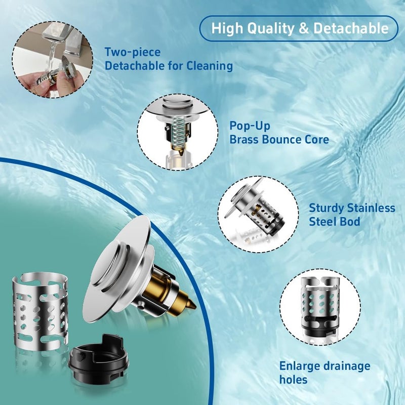 Sello Universal Bathroom Sink Stopper and Drain Strainer, Sink Plug for 1.1”~2.36” Drain Hole, Upgraded Pop Up Sink Drain Stopper with Detachable Hair Catcher Filter Basket, Brass Bounce Core (Chrome) - Image 2