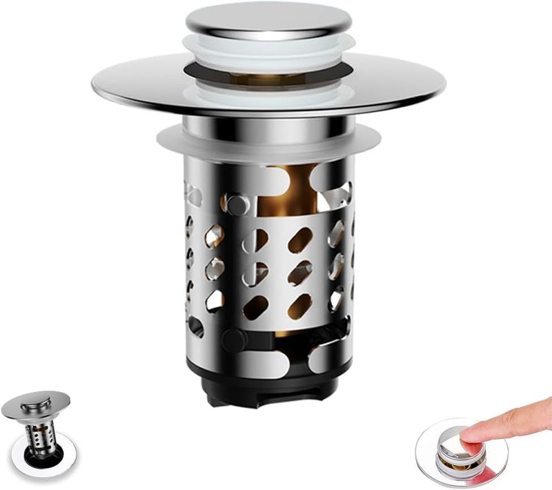 Sello Universal Bathroom Sink Stopper and Drain Strainer, Sink Plug for 1.1”~2.36” Drain Hole, Upgraded Pop Up Sink Drain Stopper with Detachable Hair Catcher Filter Basket, Brass Bounce Core (Chrome) - Image 1