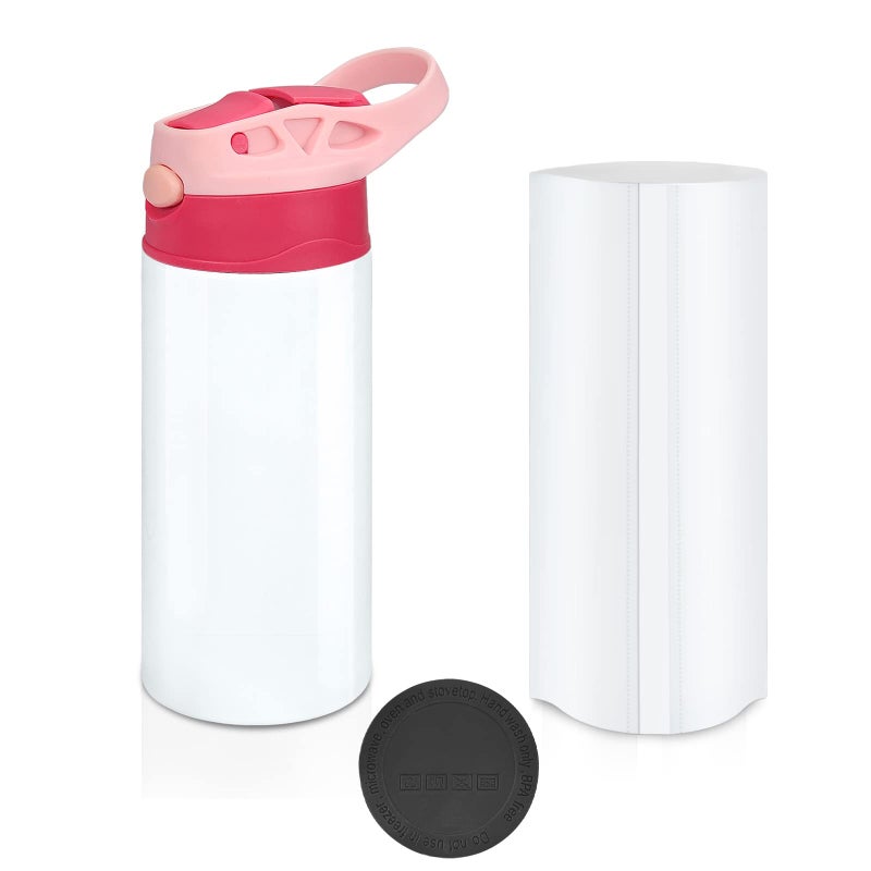 XccMe Kids Sublimation Tumbler,12oz Sublimation Water Bottle Blanks,Straight Stainless Steel Todder Sippy Cup,Double Wall Insulated Sippy Tumbler with Handle,Shrink Films,Leak Proof (Pink) - Image 1