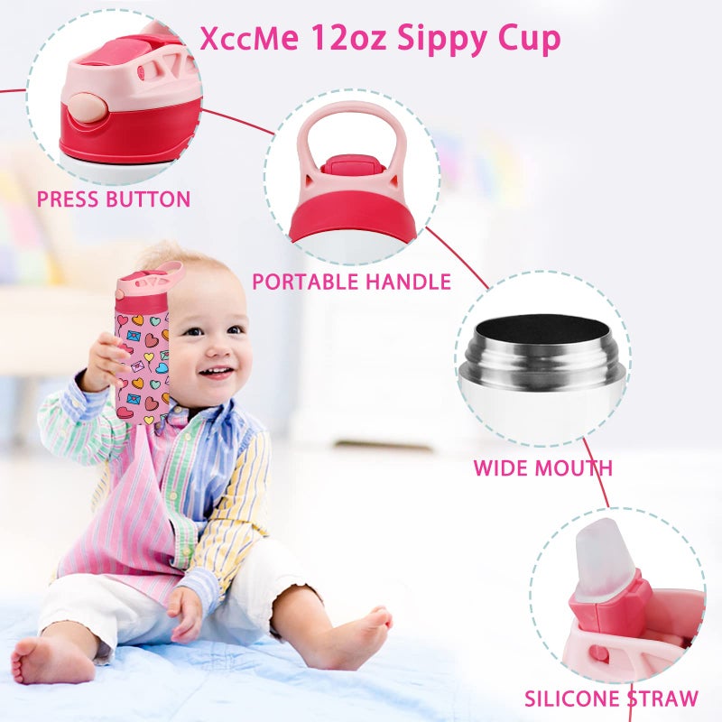 XccMe Kids Sublimation Tumbler,12oz Sublimation Water Bottle Blanks,Straight Stainless Steel Todder Sippy Cup,Double Wall Insulated Sippy Tumbler with Handle,Shrink Films,Leak Proof (Pink) - Image 4