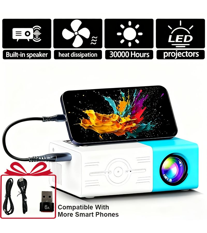 1080P Mini LED Projector Blue And White Portable with AV USB SD Card and Screen Mirroring Via Data Cable Compatible with Phones Tablets - Image 1