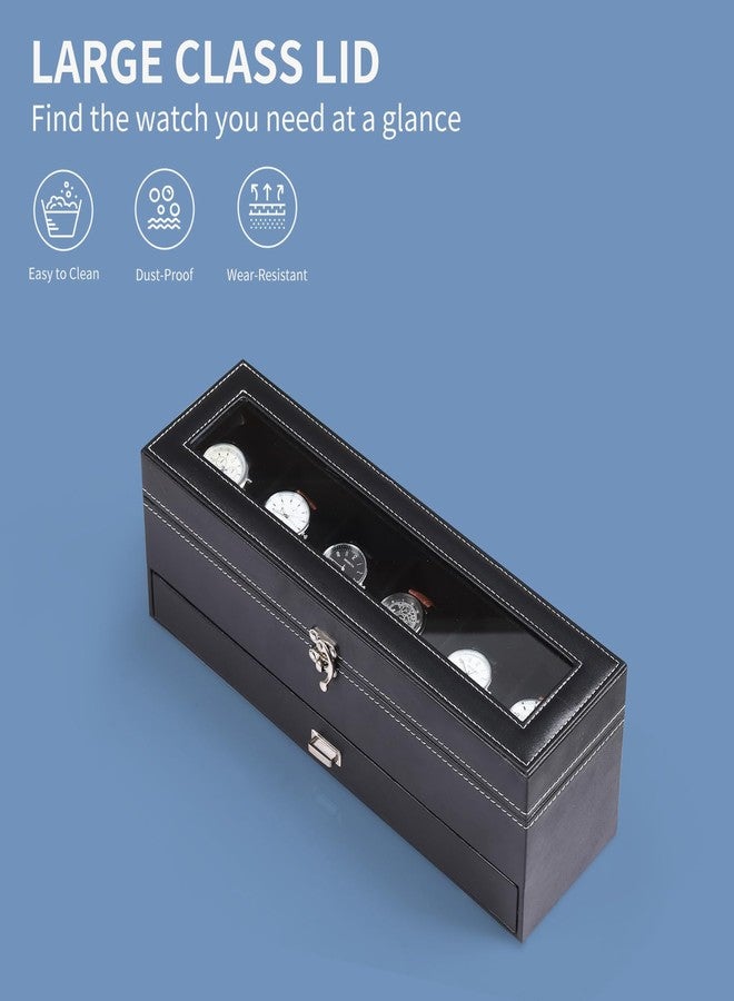 AUTOARK Leather & Velvet 6 Watch Box Jewelry Case and 6 Compartments Organizer,2 Layers with 1 Drawer,Lockable,Black,MKAW063 - Image 5