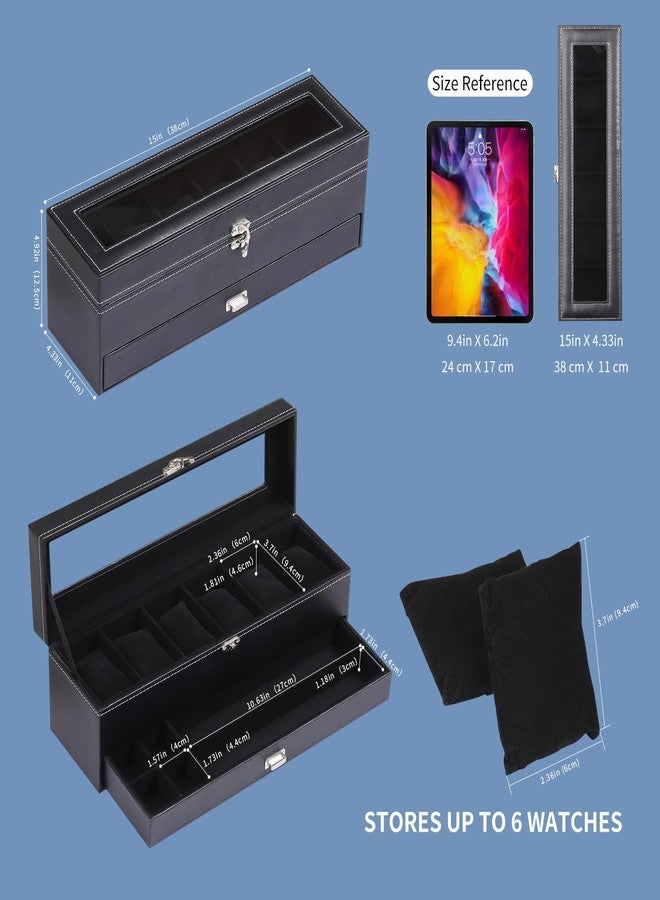 AUTOARK Leather & Velvet 6 Watch Box Jewelry Case and 6 Compartments Organizer,2 Layers with 1 Drawer,Lockable,Black,MKAW063 - Image 2