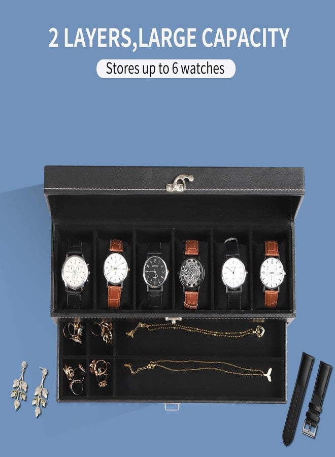 AUTOARK Leather & Velvet 6 Watch Box Jewelry Case and 6 Compartments Organizer,2 Layers with 1 Drawer,Lockable,Black,MKAW063 - Image 4