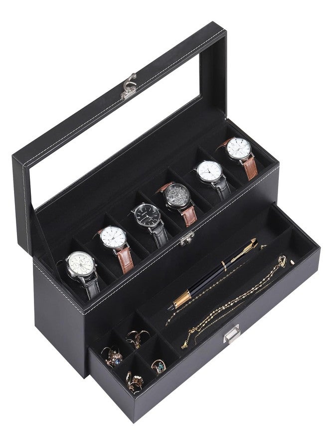 AUTOARK Leather & Velvet 6 Watch Box Jewelry Case and 6 Compartments Organizer,2 Layers with 1 Drawer,Lockable,Black,MKAW063 - Image 1