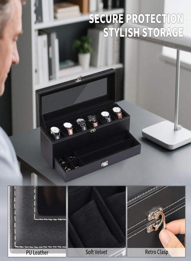 AUTOARK Leather & Velvet 6 Watch Box Jewelry Case and 6 Compartments Organizer,2 Layers with 1 Drawer,Lockable,Black,MKAW063 - Image 3