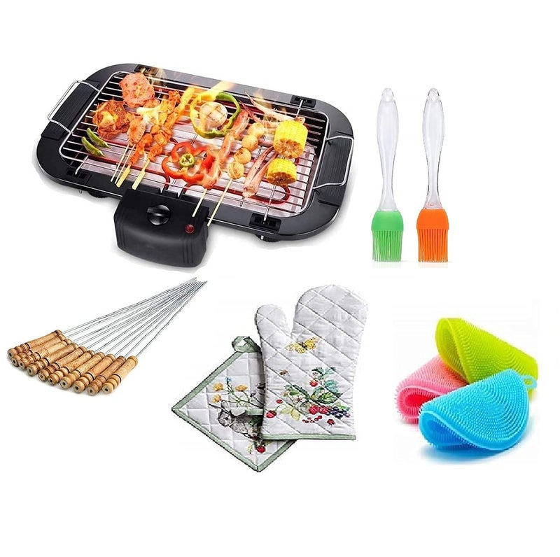 TOMdoxx Barbeque Grill Electric Smokeless Indoor/Outdoor Grill Portable Adjustable Temperature Control, 2000W (Bbq_Gloves Scrubber Oil Brush) - Black, Free Standing - Image 1
