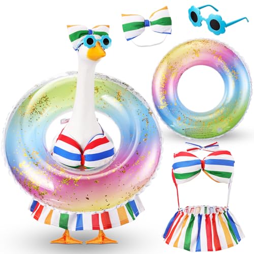 Sunnymove Bikini Porch Goose Outfits with Sunglasses and Swimming Tube for 23 Summer Goose Costume Garden Patio Statue DecorRainbow - Image 1