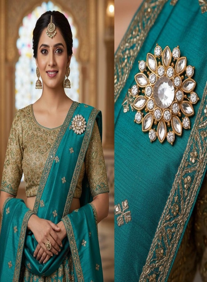 Touchstone NEW! Touchstone Indian Bollywood Romance Amazingly Hand Crafted Floral Round Crystals Marquise Shape Kundan Look Vintage Round Shape Brooch In Gold Tone For Women. - Image 5