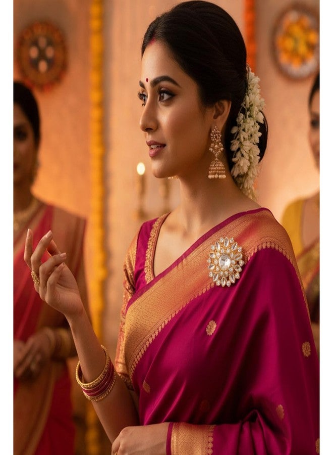 Touchstone NEW! Touchstone Indian Bollywood Romance Amazingly Hand Crafted Floral Round Crystals Marquise Shape Kundan Look Vintage Round Shape Brooch In Gold Tone For Women. - Image 3
