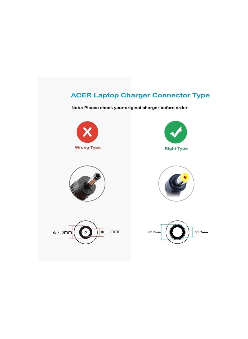 Generic - Replacement Charger 65W Laptop Charger for Acer Aspire Power Adapter 19V 3.42A with Power Cord for A315 A515 A517 E1 E5 E14 E15 ES14 ES15 F15 F5 V15 V17 ect Yellow connecter Tips 5.5x1.7MM - Image 1