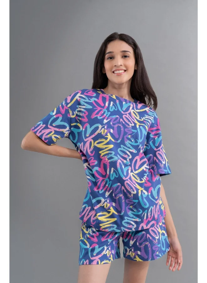 NeceSera Cozy Heart Cotton Blue Shorts Set