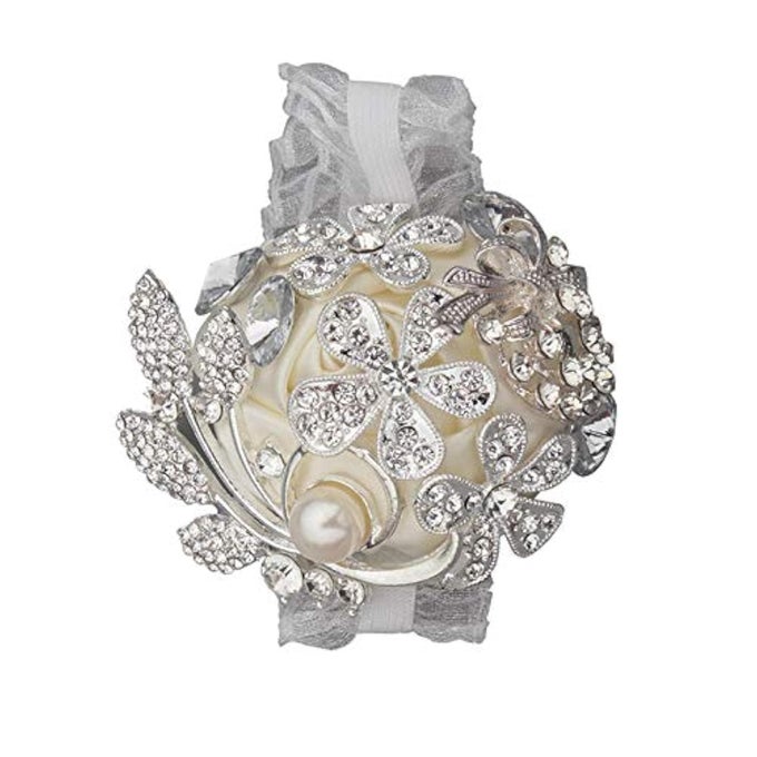 Artificial Wrist Silk Flower Boutonniere Wrist Bouquet Corsage Flower with Peal and Diamond for Wedding DecorCocktail Party 1pcs SilverIvory_Wrist