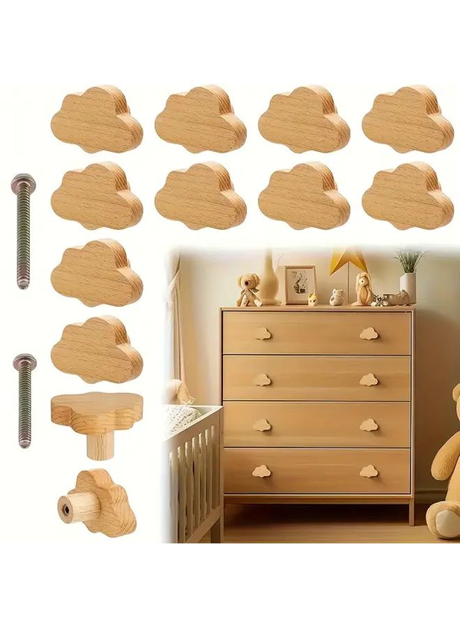 2pcs Bohemian Cloud Shaped Natural Beech Wood Drawer Knobs With Screws - Image 1