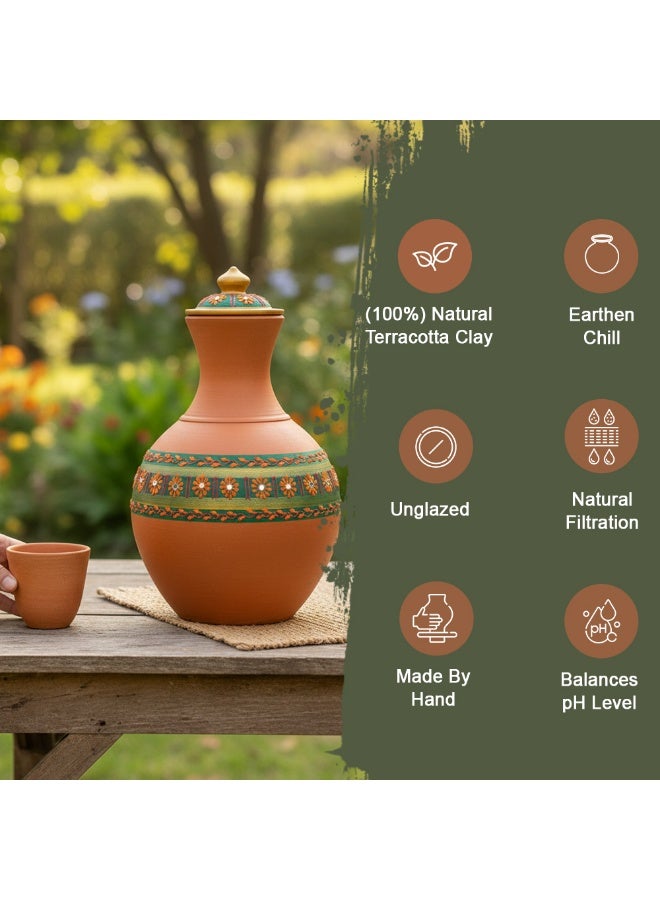 ارك زجاجة سوراهي من آرك ميزون تيراكوتا | إبريق ماء فخاري مصنوع يدويًا | تصميم زهور مرسوم يدويًا | ماء بارد طبيعيًا | صديق للبيئة وقلوي | صناعة يدوية | ديكور فريد | لتر واحد - Image 4