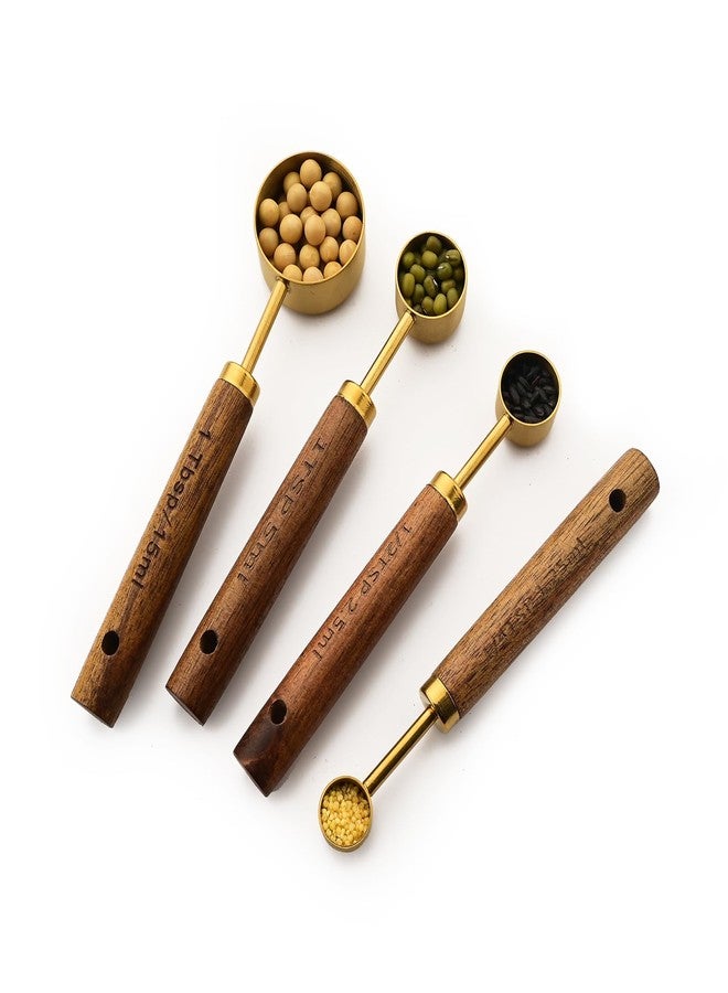 Uniturcky Gold Measuring Spoons Set of 4 with Wooden Handle, Stainless Steel Baking Tools, Dry and Liquid Measuring Set Use for Cooking, 1/4 tsp, 1/2 tsp, 1 tsp, 1 tbsp - Image 1