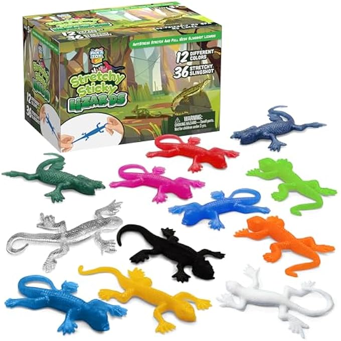 Pick A Toy 36 Set Sticky Gecko Lizard Toy Party Favor Slingshot, Stretchy Climbers On Wall for Kids, Goodie Bags, Easter Egg Basket Stuffers, Pinata - Image 1