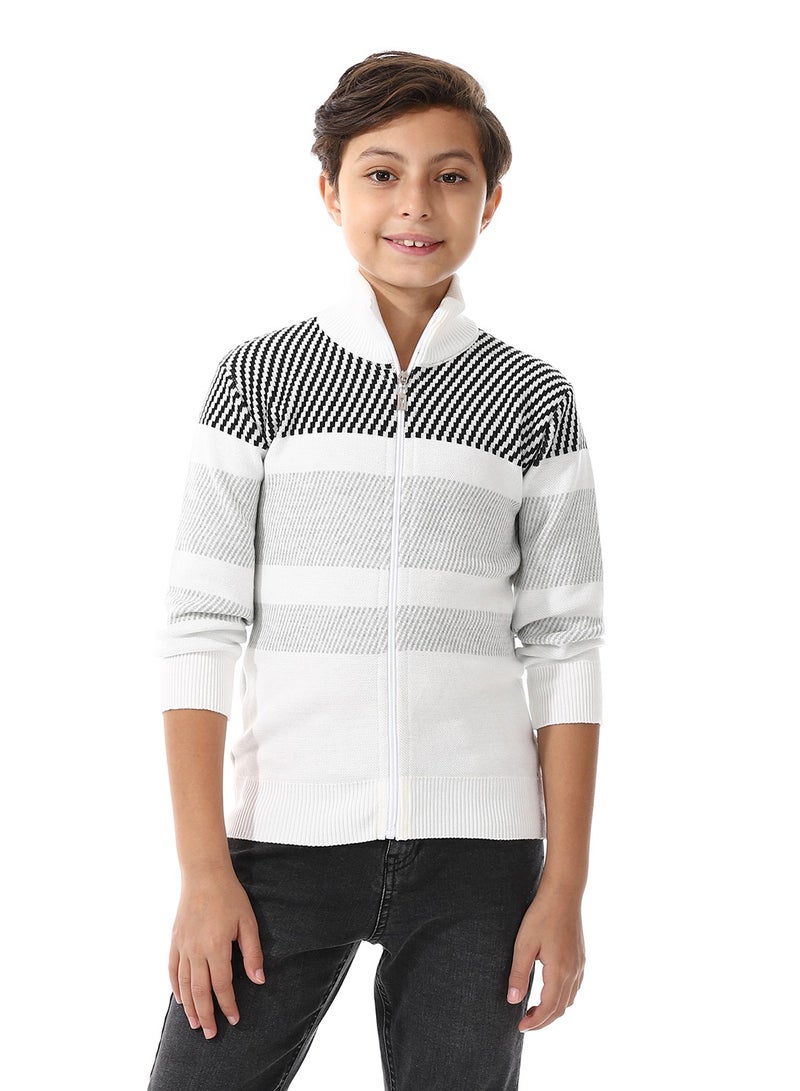 Andora Zip Through Neck Pullover_White & Black - Image 1