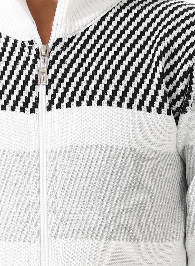 Andora Zip Through Neck Pullover_White & Black - Image 5