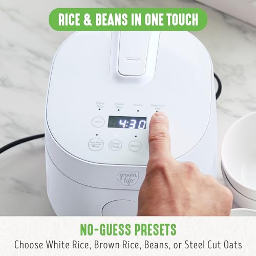 GreenLife Digital Rice & Beans Cooker, 2-Cups Uncooked/4-Cups Cooked, Removable Nonstick Ceramic PFAS-Free Pot, One-Touch Presets, Oats, Quinoa, Brown Rice, Auto Keep Warm, Fuzzy Logic Tech, 1.5 QT, White - Image 2