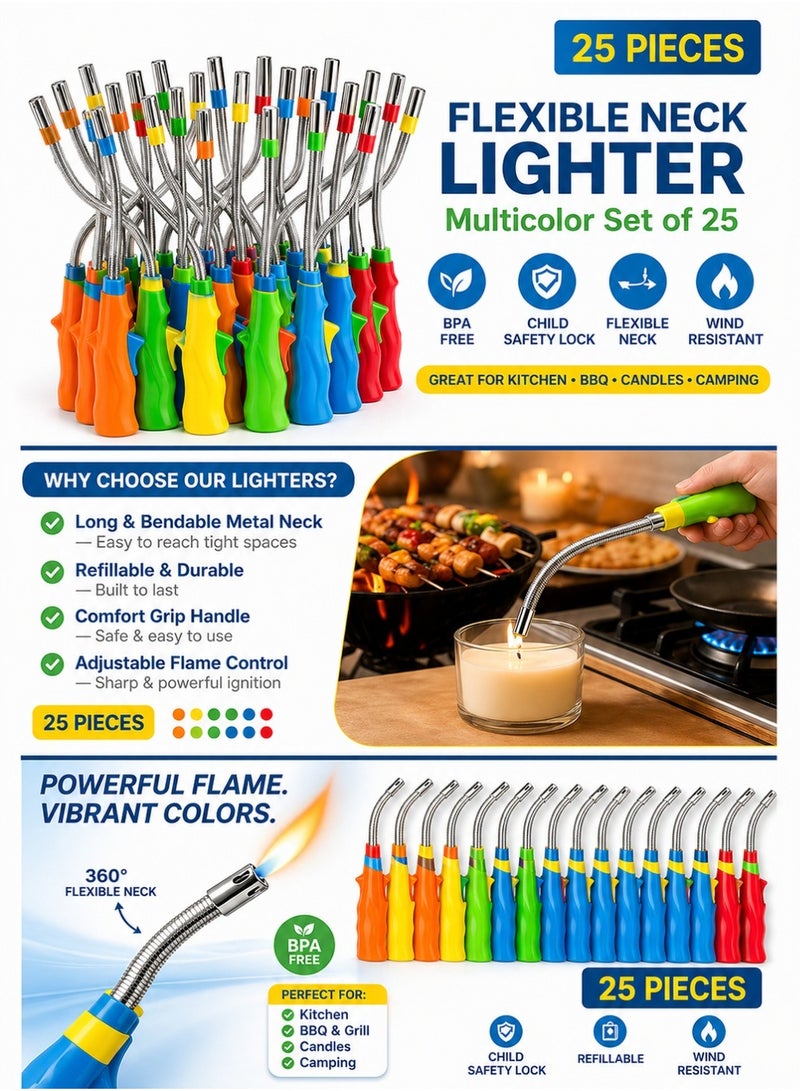 Trendiva Flexible Neck Gas Lighter Set of 25Multicolor Windproof Long Handle Kitchen BBQ Candle Lighter Refillable Durable Flame Lighter - Image 2