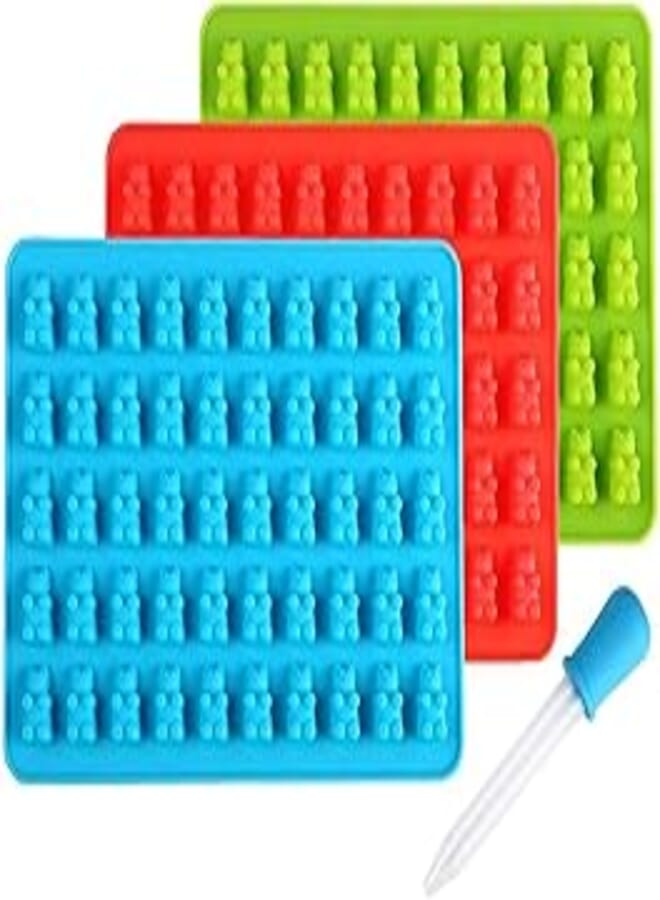 KASTWAVE Silicone Gummy Bear Candy Molds 3 Pack, Gummy Bear Molds 50 Cavities with Bonus Dropper, Food Grade Silicone Molds Perfect for Mints Chocolates Fudge Ice Cubes