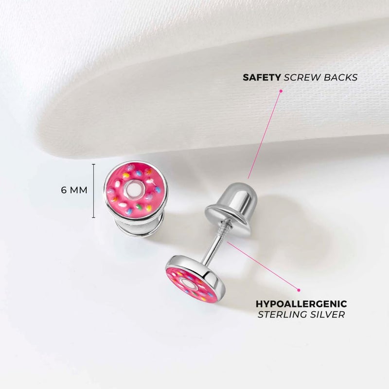 In Season Jewelry أقراط دونات من الفضة الإسترلينية 925 مع طلاء وردي ورشات ملونة صغيرة للفتيات الصغيرات - أقراط عصرية مع غطاء لولبي للمراهقات - Image 4