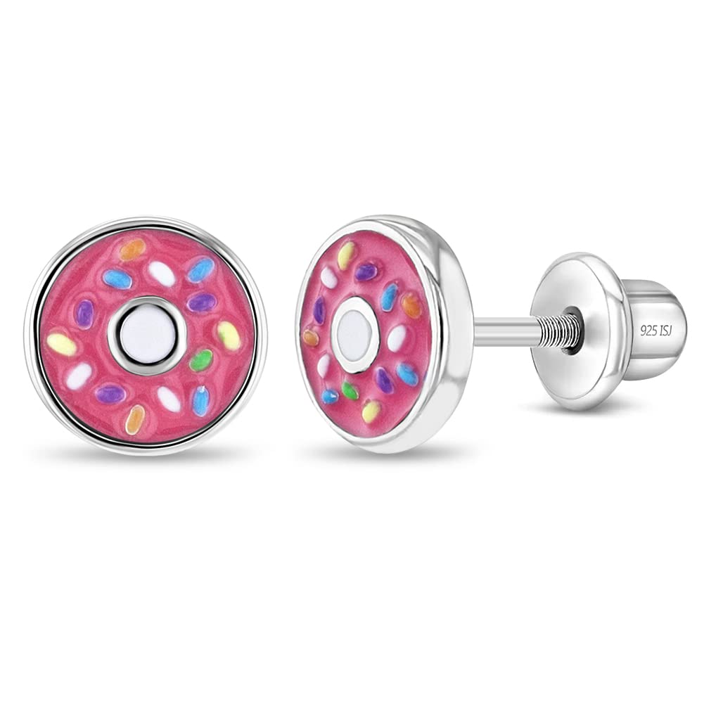 925 Sterling Silver Pink Enamel Donut Earrings with Tiny Colorful Sprinkles for Little Girls - Fashionable Screw Back Earrings for Preteens